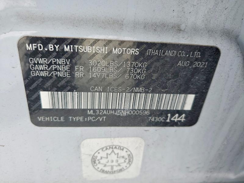 2022 Mitsubishi Mirage Es მანქანა იყიდება აუქციონზე, vin: ML32AUHJ5NH000596, აუქციონის ნომერი: 72397475