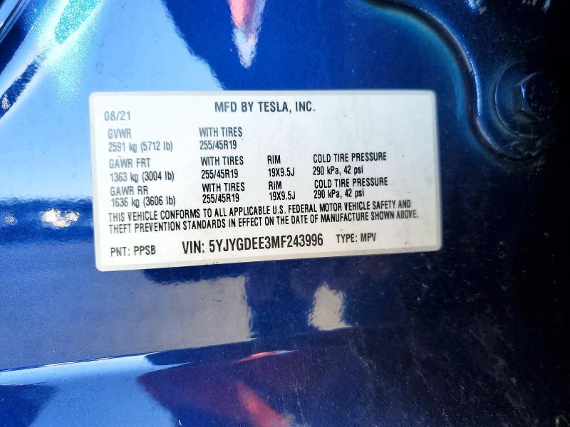 Продажа на аукционе авто 2021 Tesla Model Y, vin: 5YJYGDEE3MF243996, номер лота: 99705695