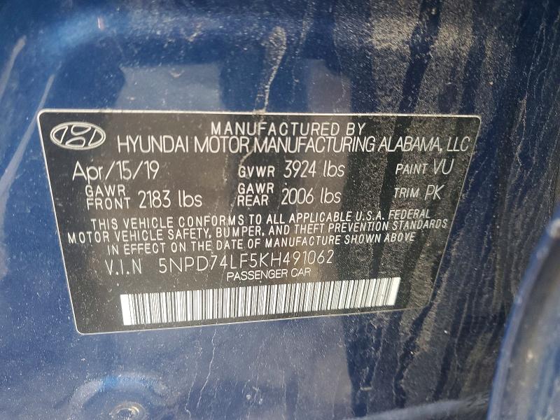 2019 Hyundai Elantra მანქანა იყიდება აუქციონზე, vin: 5NPD74LF5KH491062, აუქციონის ნომერი: 72415955