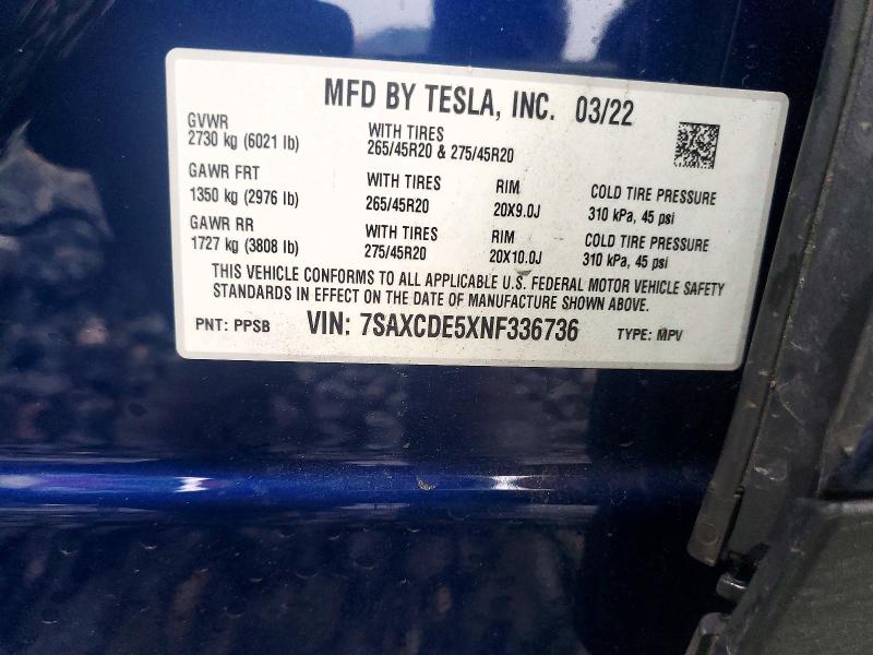 Auction sale of the 2022 Tesla Model X, vin: 7SAXCDE5XNF336736, lot number: 98214425