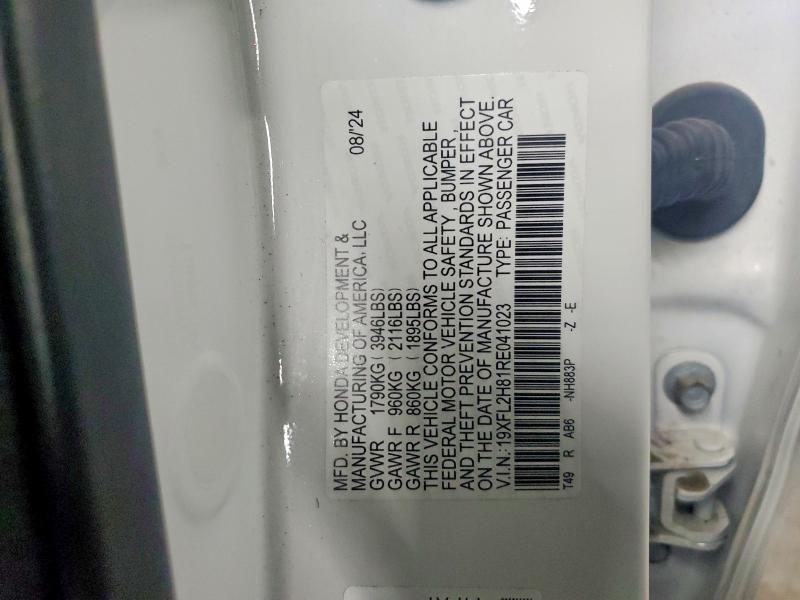 2024 Honda Civic მანქანა იყიდება აუქციონზე, vin: 19XFL2H81RE041023, აუქციონის ნომერი: 75223685