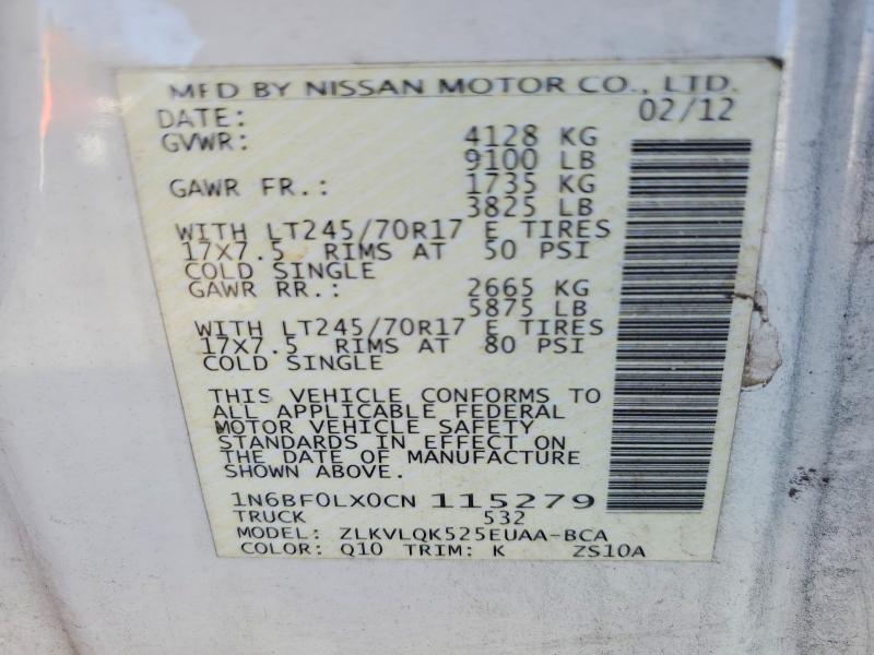 94221055 :رقم المزاد ، 1N6BF0LX0CN115279 vin ، 2012 Nissan Nv 2500 مزاد بيع