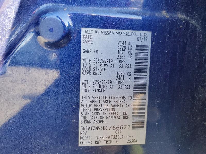 99225335 :رقم المزاد ، 5N1AT2MV5KC766672 vin ، 2019 Nissan Rogue S مزاد بيع