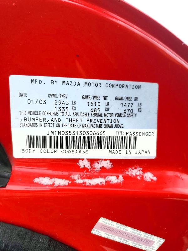 2003 Mazda Mx-5 Miata მანქანა იყიდება აუქციონზე, vin: JM1NB353130306665, აუქციონის ნომერი: 97114285