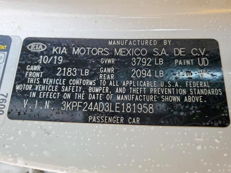 98876895 :رقم المزاد ، 3KPF24AD3LE181958 vin ، 2020 Kia Forte مزاد بيع