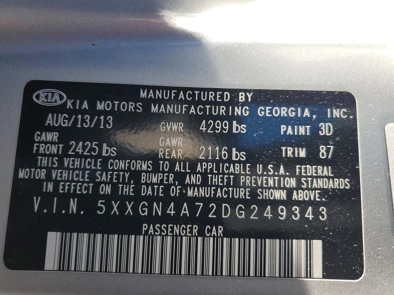 2013 Kia Optima მანქანა იყიდება აუქციონზე, vin: 5XXGN4A72DG249343, აუქციონის ნომერი: 72668705
