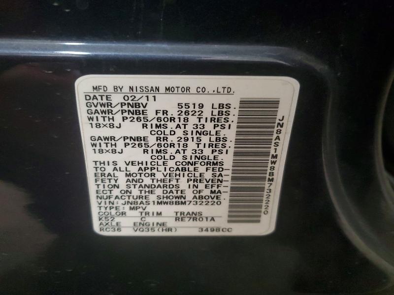 2011 Infiniti Fx35 მანქანა იყიდება აუქციონზე, vin: JN8AS1MW8BM732220, აუქციონის ნომერი: 72946835