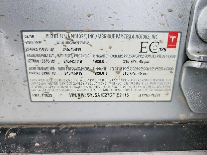 Продажа на аукционе авто 2016 Tesla Model S, vin: 5YJSA1E27GF152116, номер лота: 99916095