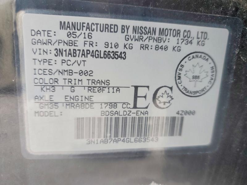 73889965 :رقم المزاد ، 3N1AB7AP4GL663543 vin ، 2016 Nissan Sentra مزاد بيع