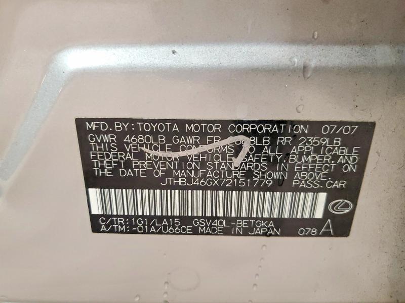 Aukcja sprzedaży 2007 Lexus Es 350, vin: JTHBJ46GX72151779, numer aukcji: 99060165