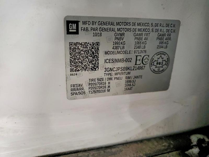 Продажа на аукционе авто 2019 Chevrolet Trax 1lt, vin: 3GNCJPSB9KL214967, номер лота: 75727835