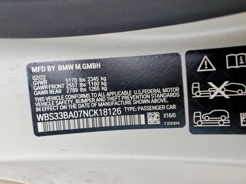 Продаж на аукціоні авто 2022 Bmw M4, vin: WBS33BA07NCK18126, номер лоту: 98346615