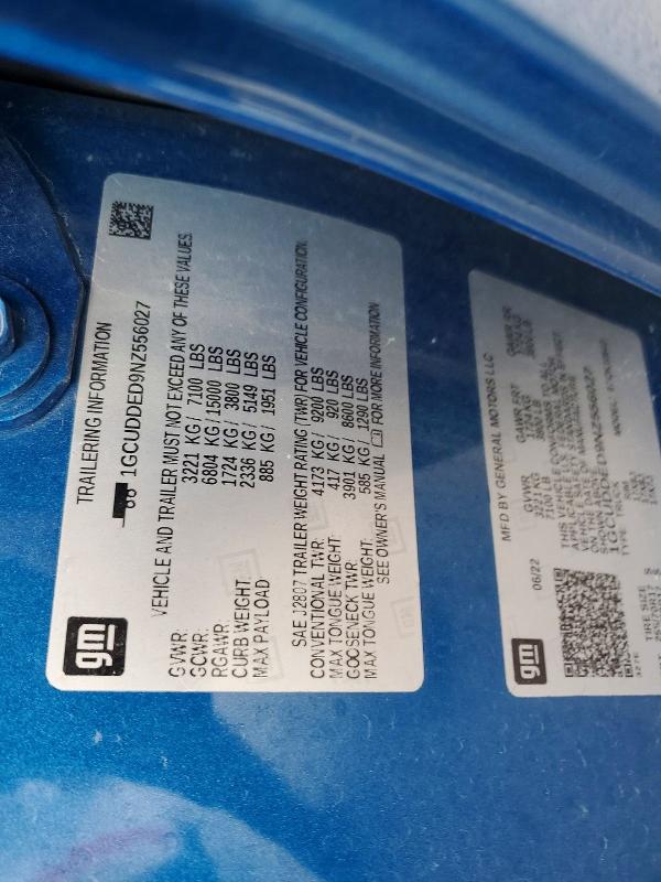 Продажа на аукционе авто 2022 Chevrolet Silverado, vin: 1GCUDDED9NZ556027, номер лота: 98588455