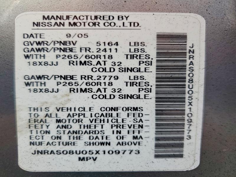 74105935 :رقم المزاد ، JNRAS08U05X109773 vin ، 2005 Infiniti Fx35 مزاد بيع