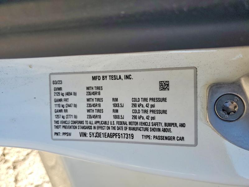 Aukcja sprzedaży 2023 Tesla Model 3, vin: 5YJ3E1EA6PF517319, numer aukcji: 74884235