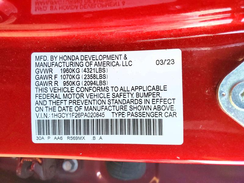 2023 Honda Accord მანქანა იყიდება აუქციონზე, vin: 1HGCY1F26PA020845, აუქციონის ნომერი: 75274535