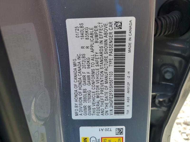 2025 Honda Civic მანქანა იყიდება აუქციონზე, vin: 2HGFE2F51SH567103, აუქციონის ნომერი: 72325825