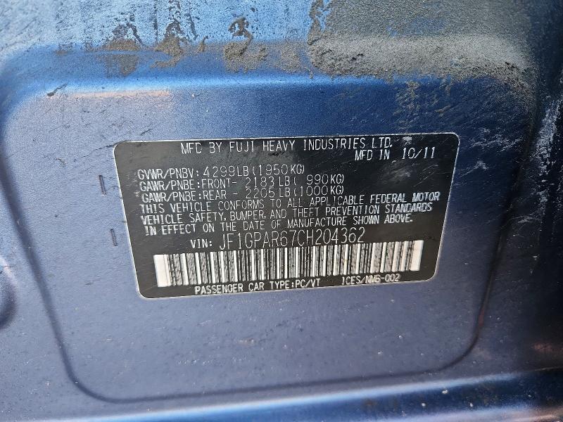Aukcja sprzedaży 2012 Subaru Impreza, vin: JF1GPAR67CH204362, numer aukcji: 73738175