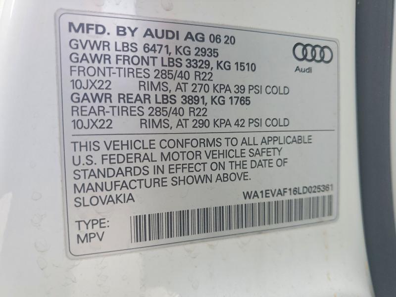 75221495 :رقم المزاد ، WA1EVAF16LD025361 vin ، 2020 Audi Q8 مزاد بيع