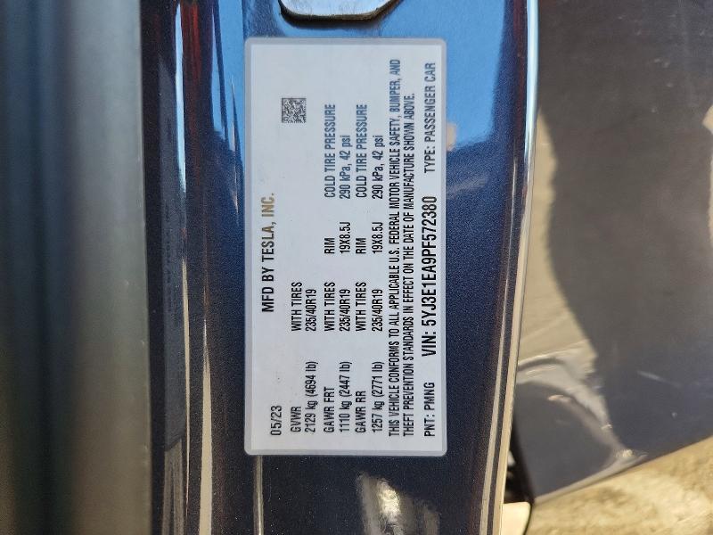 2023 Tesla Model 3 მანქანა იყიდება აუქციონზე, vin: 5YJ3E1EA9PF572380, აუქციონის ნომერი: 74450235