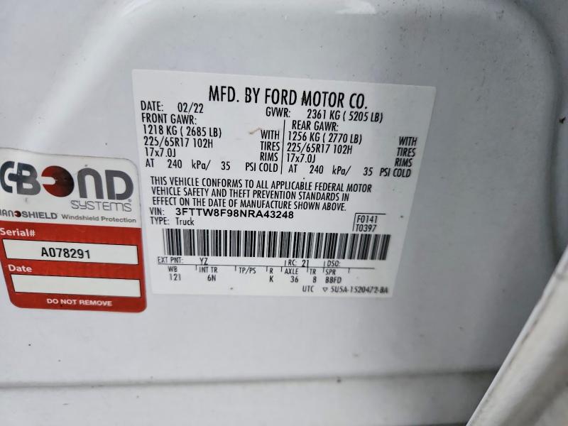 2022 Ford Maverick X მანქანა იყიდება აუქციონზე, vin: 3FTTW8F98NRA43248, აუქციონის ნომერი: 72695605