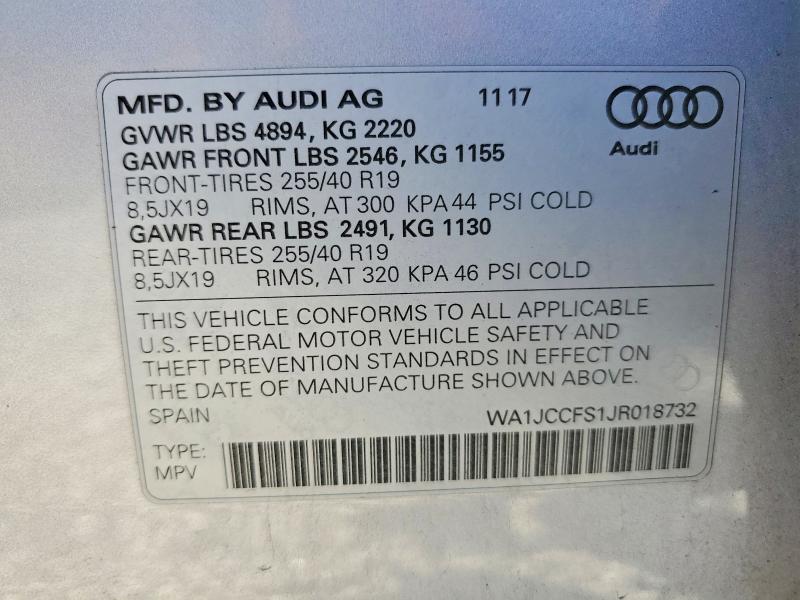 98196455 :رقم المزاد ، WA1JCCFS1JR018732 vin ، 2018 Audi Q3 مزاد بيع