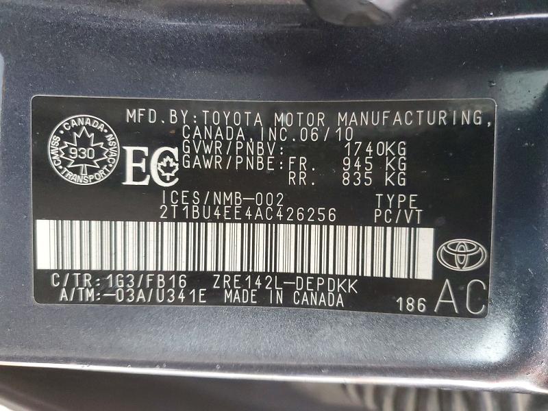 99106155 :رقم المزاد ، 2T1BU4EE4AC426256 vin ، 2010 Toyota Corolla مزاد بيع