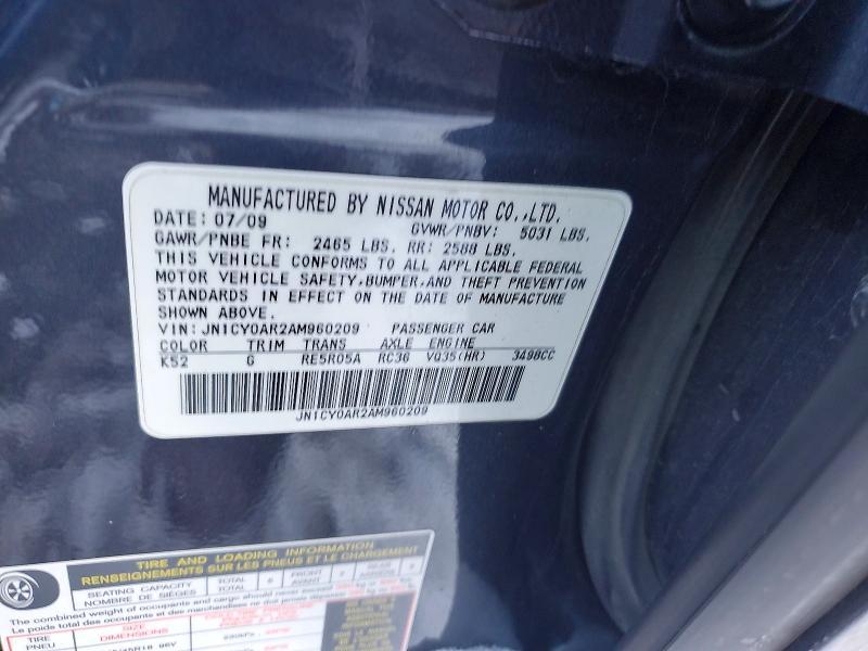 74745865 :رقم المزاد ، JN1CY0AR2AM960209 vin ، 2010 Infiniti M مزاد بيع