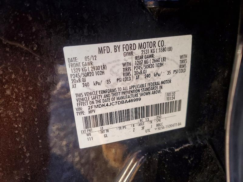 Auction sale of the 2013 Ford Edge Sel, vin: 2FMDK4JC7DBA46999, lot number: 72391755