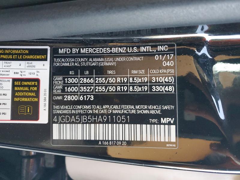 2017 Mercedes-benz Gle მანქანა იყიდება აუქციონზე, vin: 4JGDA5JB5HA911051, აუქციონის ნომერი: 72451625