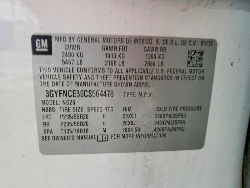 2012 Cadillac Srx Premiu მანქანა იყიდება აუქციონზე, vin: 3GYFNCE30CS564478, აუქციონის ნომერი: 96635405