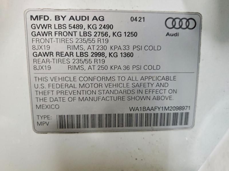 Aukcja sprzedaży 2021 Audi Q5, vin: WA1BAAFY1M2098971, numer aukcji: 98231985