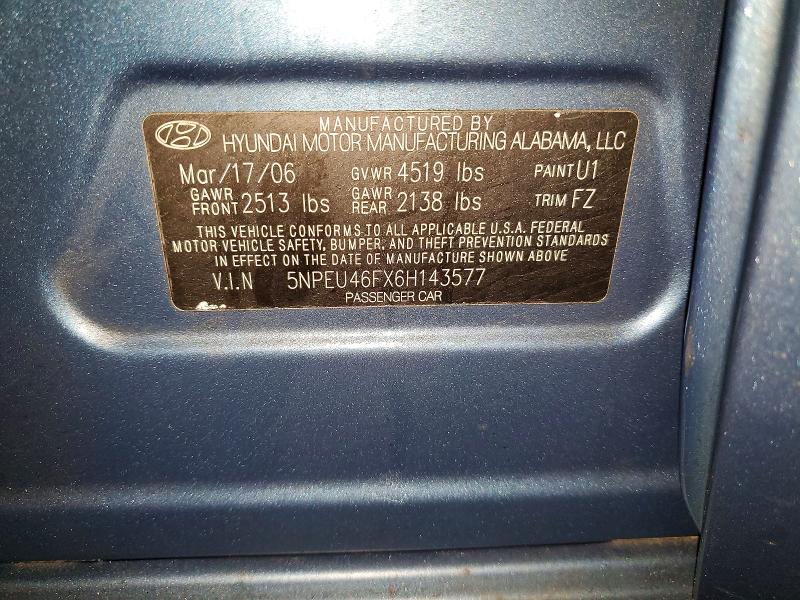 72891525 :رقم المزاد ، 5NPEU46FX6H143577 vin ، 2006 Hyundai Sonata مزاد بيع