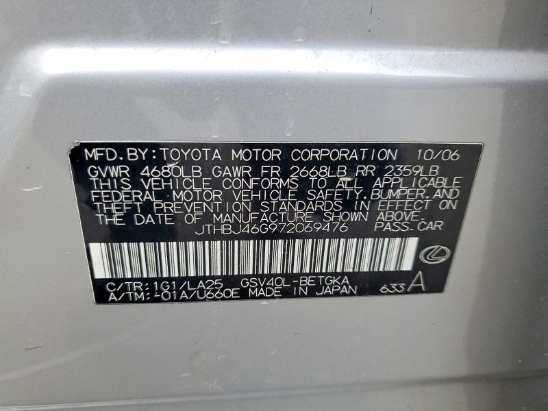 2007 Lexus Es მანქანა იყიდება აუქციონზე, vin: JTHBJ46G972069476, აუქციონის ნომერი: 98353605