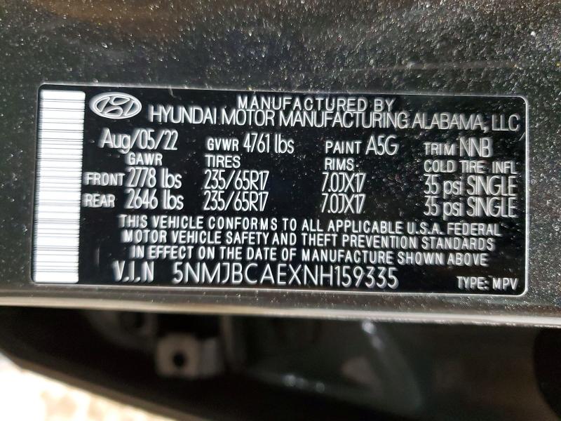 75022745 :رقم المزاد ، 5NMJBCAEXNH159335 vin ، 2022 Hyundai Tucson مزاد بيع