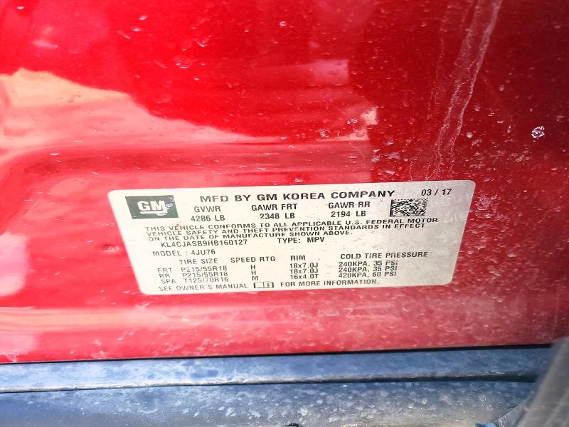 2017 Buick Encore მანქანა იყიდება აუქციონზე, vin: KL4CJASB9HB160127, აუქციონის ნომერი: 75227015