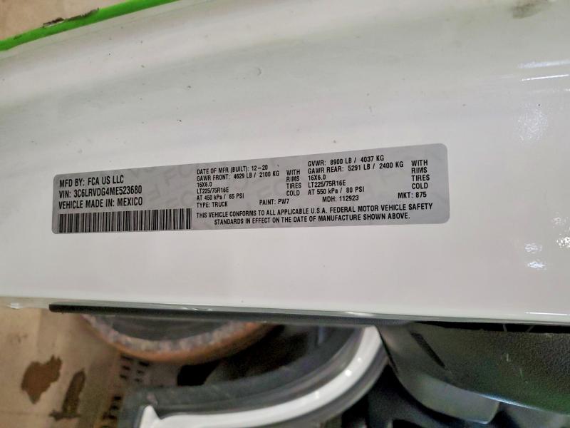 2021 Ram Promaster 2500 მანქანა იყიდება აუქციონზე, vin: 3C6LRVDG4ME523680, აუქციონის ნომერი: 72938115