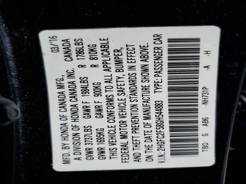 2016 Honda Civic მანქანა იყიდება აუქციონზე, vin: 2HGFC2F58GH544883, აუქციონის ნომერი: 98970235