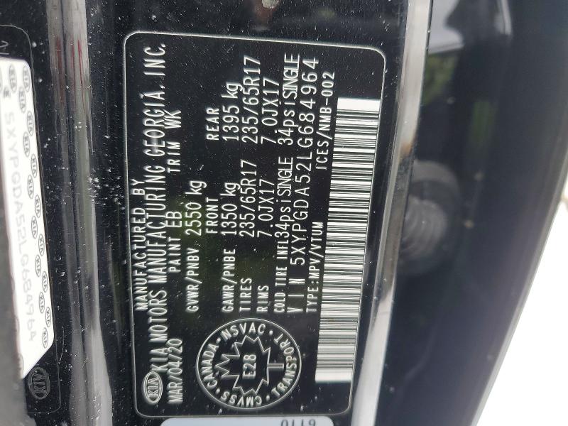 2020 Kia Sorento მანქანა იყიდება აუქციონზე, vin: 5XYPGDA52LG684964, აუქციონის ნომერი: 72853725