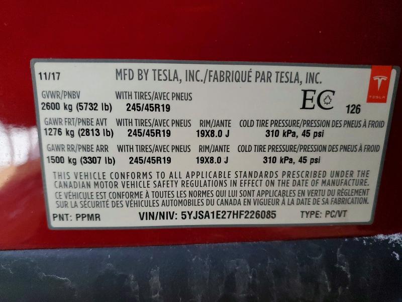 Продаж на аукціоні авто 2017 Tesla Model S, vin: 5YJSA1E27HF226085, номер лоту: 74404005