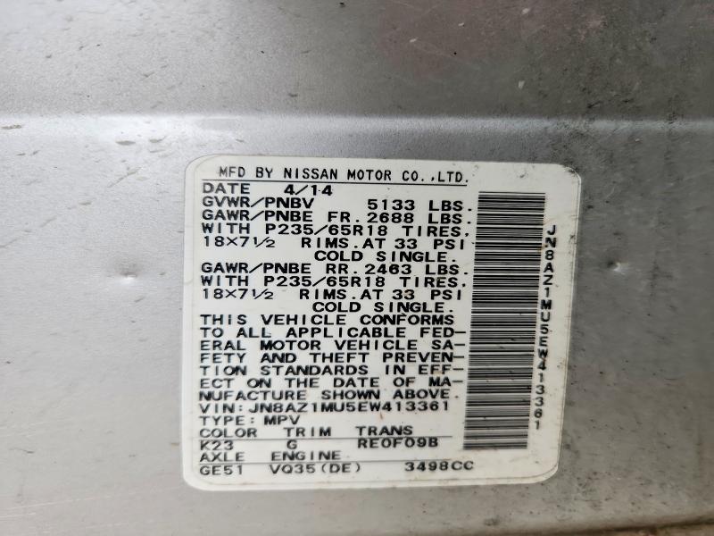 74095035 :رقم المزاد ، JN8AZ1MU5EW413361 vin ، 2014 Nissan Murano مزاد بيع