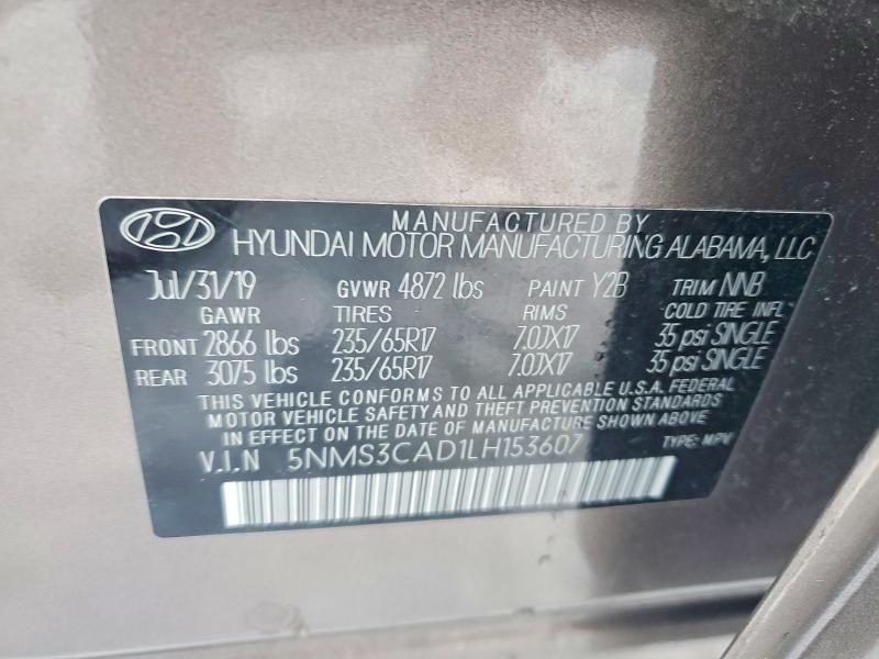99812725 :رقم المزاد ، 5NMS3CAD1LH153607 vin ، 2020 Hyundai Santa Fe مزاد بيع