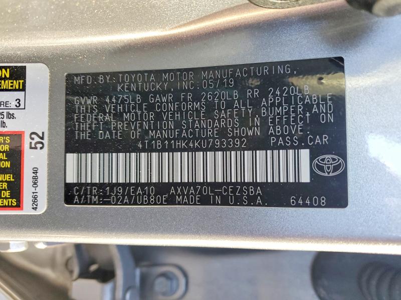 Продажа на аукционе авто 2019 Toyota Camry, vin: 4T1B11HK4KU793392, номер лота: 73536525