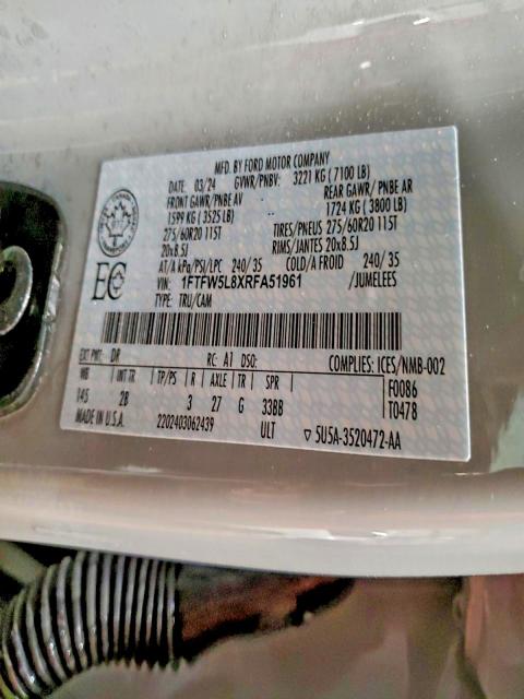 Aukcja sprzedaży 2024 Ford F150, vin: 1FTFW5L8XRFA51961, numer aukcji: 98334405