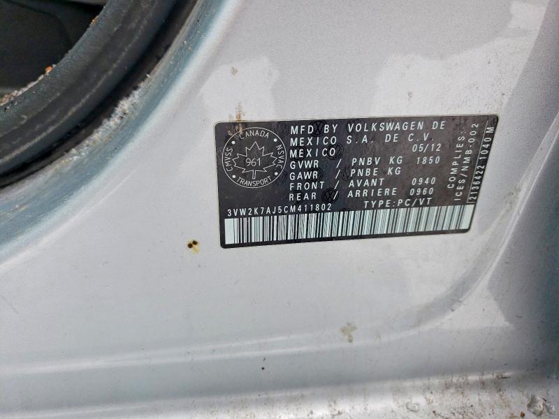 72312805 :رقم المزاد ، 3VW2K7AJ5CM411802 vin ، 2012 Volkswagen Jetta مزاد بيع