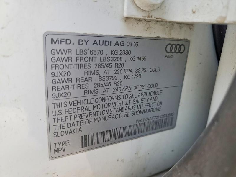 2017 Audi Q7 მანქანა იყიდება აუქციონზე, vin: WA1VAAF72HD010685, აუქციონის ნომერი: 72848115