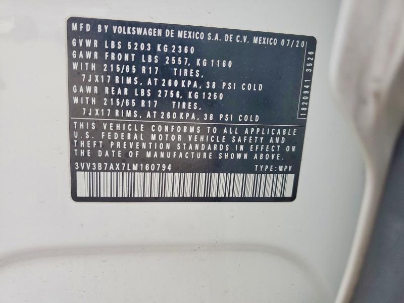 2020 Volkswagen Tiguan მანქანა იყიდება აუქციონზე, vin: 3VV3B7AX7LM160794, აუქციონის ნომერი: 75487185