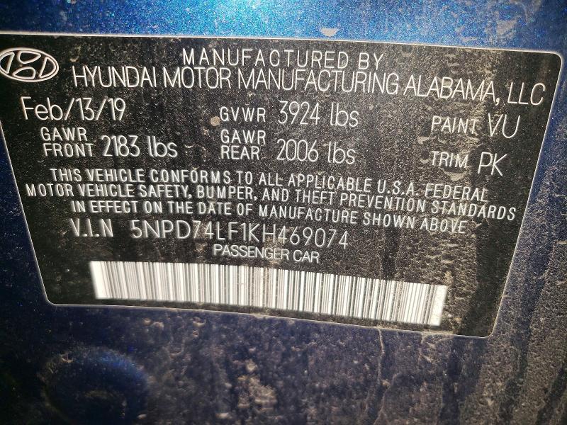Auction sale of the 2019 Hyundai Elantra, vin: 5NPD74LF1KH469074, lot number: 72220915