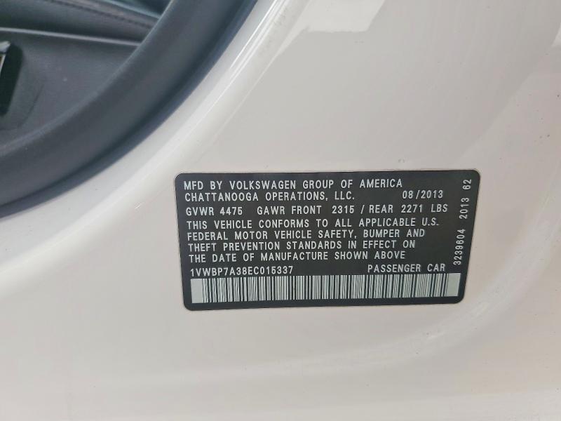 Продажа на аукционе авто 2014 Volkswagen Passat, vin: 1VWBP7A38EC015337, номер лота: 73542125