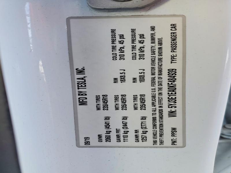 Aukcja sprzedaży 2019 Tesla Model 3, vin: 5YJ3E1EA0KF484939, numer aukcji: 75273995